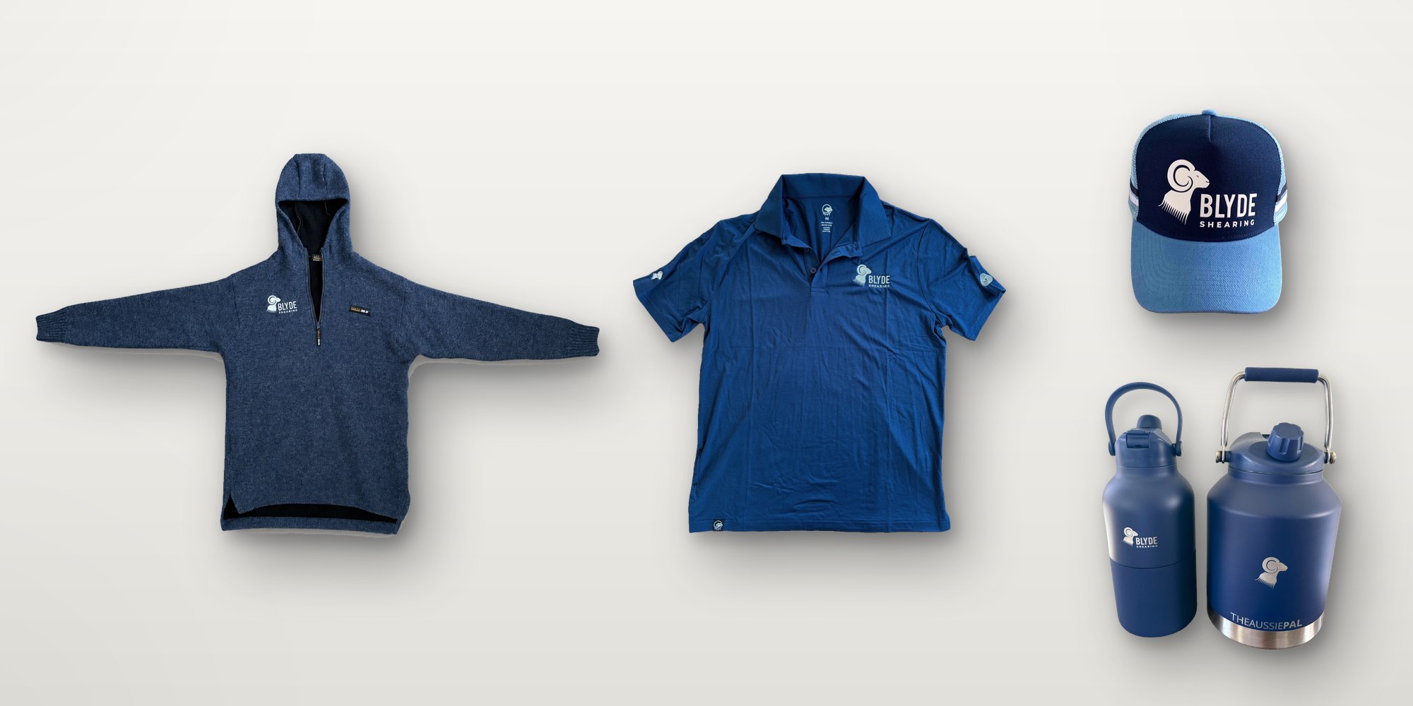 Blyde Shearing hooded woollen jumper, merino polo, trucker cap and engraved stainless drink bottles