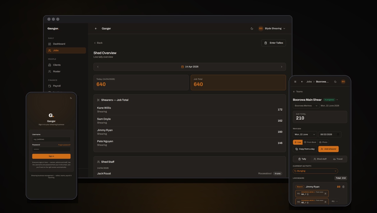 Blyde Shearing tally app showing a live shed overview with daily and job totals by shearer